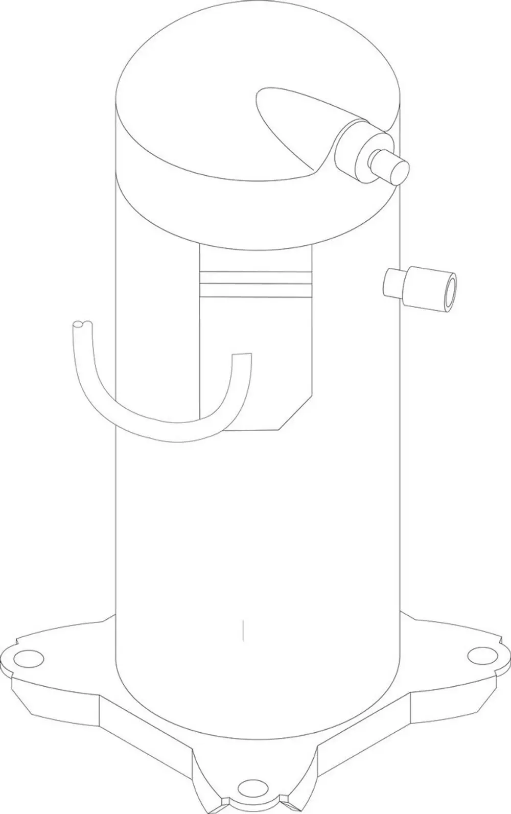 BOSCH Kompressor mit zylindrischer Form, einem runden oberen Teil und mehreren Anschlüssen für Leitungen an der Seite und am Boden.
